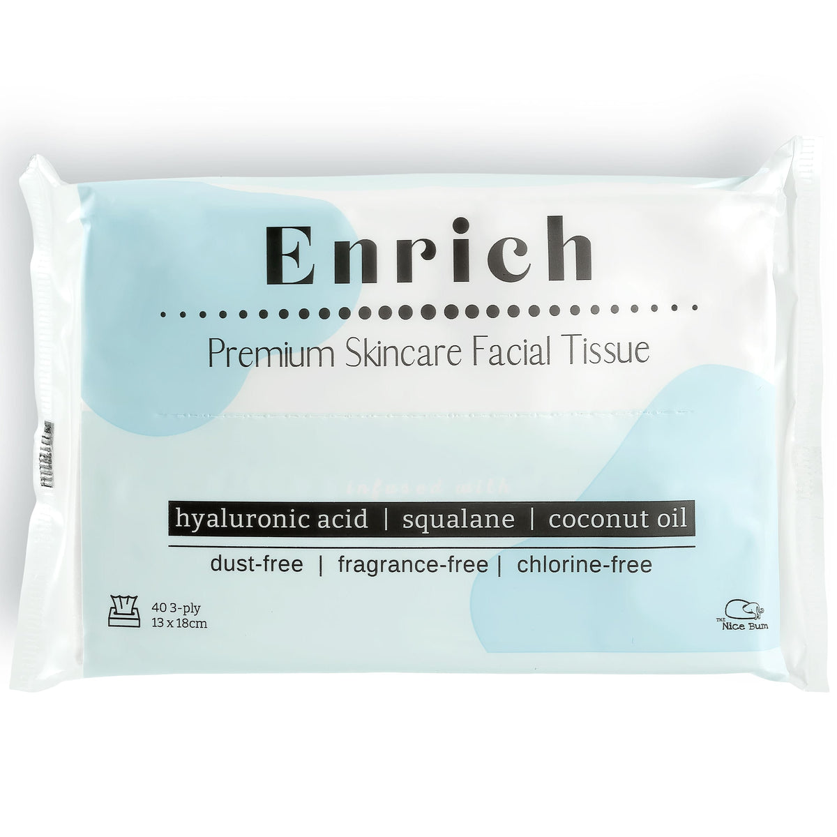 Enrich facial tissue to go single packaging on a white clean background. Highlighting dust-free and skin friendly features.