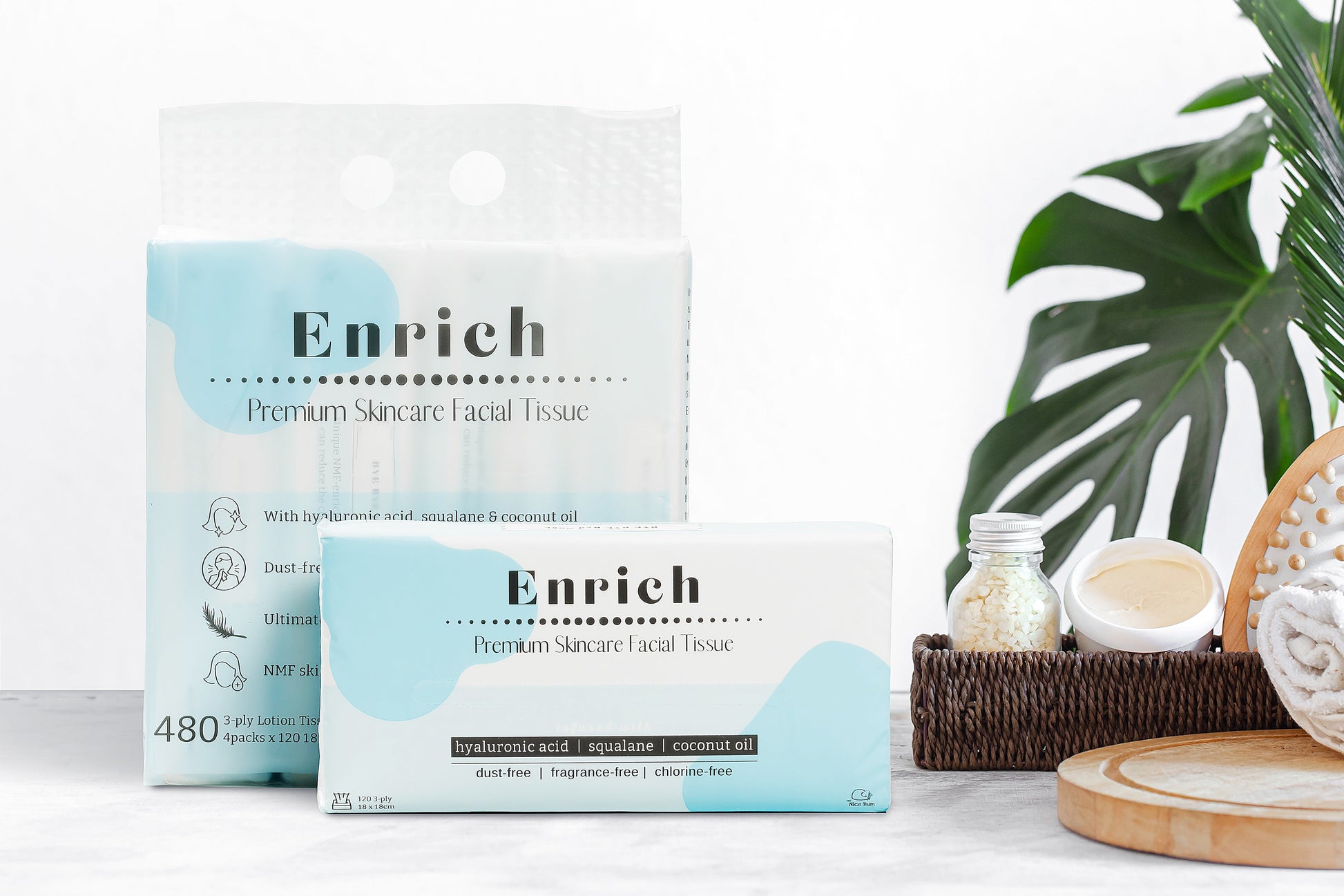 Enrich premium skincare facial tissue family pack with 480 sheets and single pack, styled in home spa scene with towel and soap