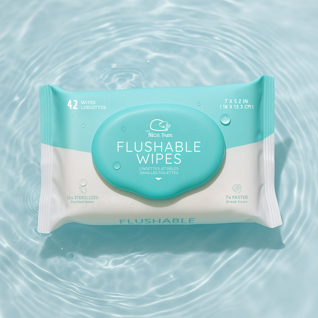 Nice Bum wipes single pack on water surface, highlighting purity and fast dissolving feature