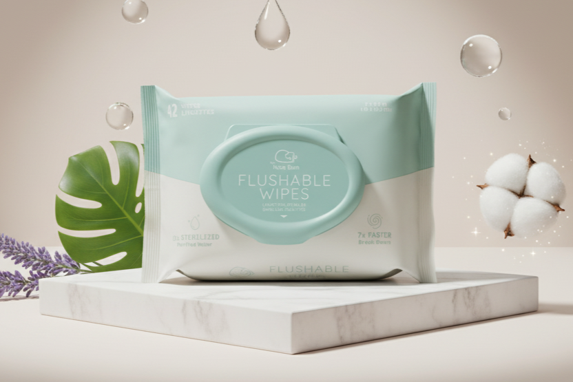 Nice Bum flushable wipes pack with natural elements cotton, leaf and lavender, purified water and eco-friendly design